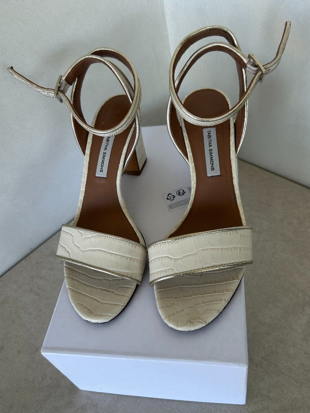 Tabitha Simmons Leticia Bone Croc Block Heel Sandals EU 37 Made in Italy